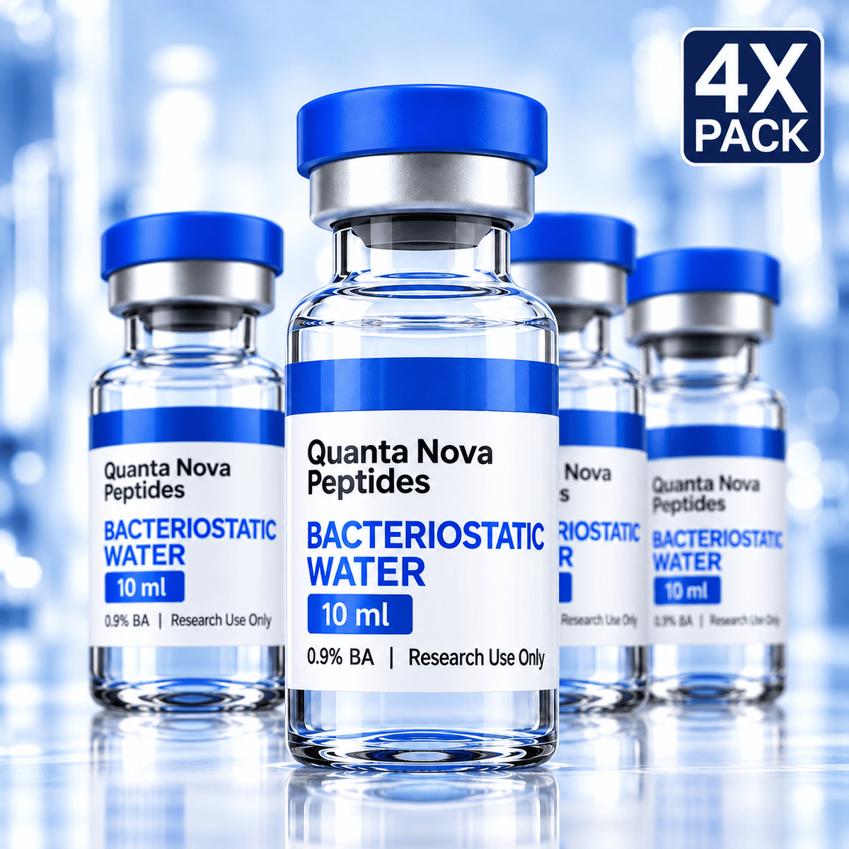 Bacteriostatic Water | 4 x 10 ML | 0.9% Benzyl Alcohol | Micron Filtered | Sterile Glass Vials